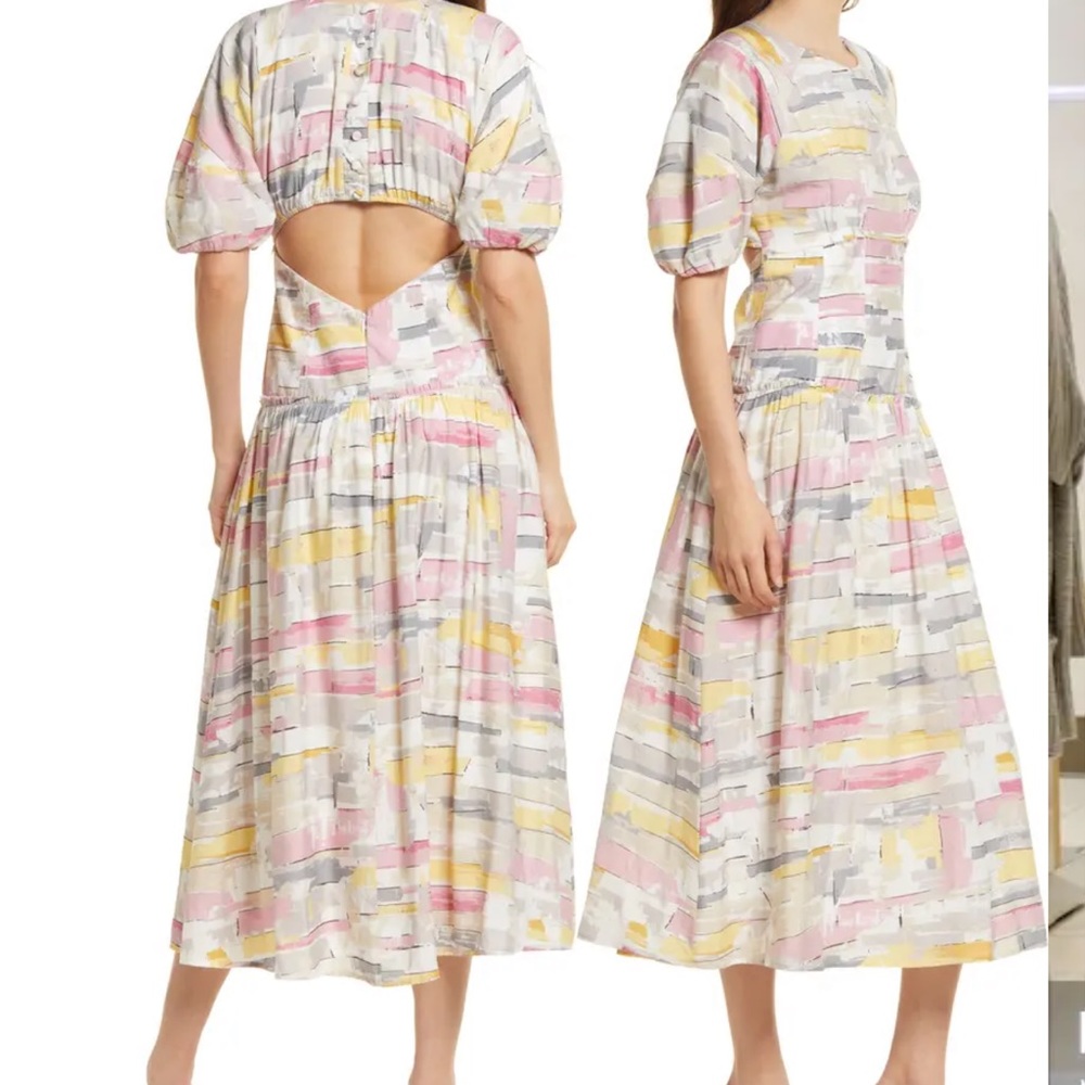 NWT 80s Moon River Anthropologie Watercolor Print Balloon Sleeve Maxi Dress